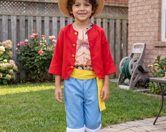 Kids Pirate Costume Set, Red Coat, Blue Pants, Straw Hat, Role Play Outfit