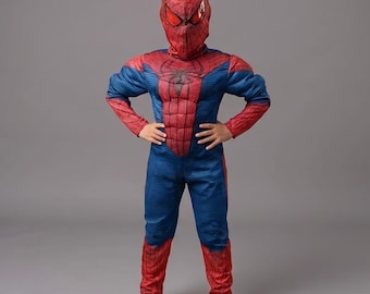 Kids SpiderMan Superhero Muscle Costume Set, Jumpsuit and Mask, Polyester Halloween Cosplay