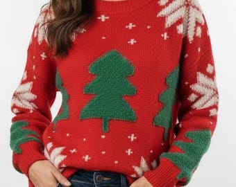 Suéter navideño para mujer, jersey rojo de punto con estampado de copos de nieve y árbol de Navidad.