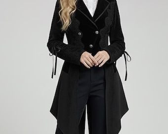 Gothic Black Tailcoat Jacket for Women, Victorian Long Coat, Lace Detail Steampunk Blazer