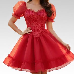 red puffy dress short Jane Tie Waist | Women's Clothing tone buttons Red Tulle Long Puffy Sleeves
