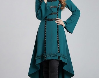 Abrigo largo negro de bruja / Ropa gótica de fantasía para mujer / Prenda exterior estilo corsé con hebilla