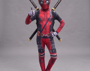 Kids Masked Dead Pool Superhero Costume Set with Jumpsuit, Mask,  2 Toy Swords Sheath, Halloween Carnival Party Outfit