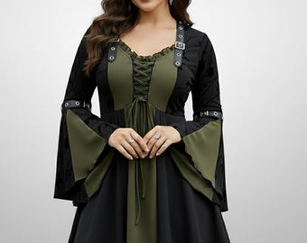 Vestido de bruja con mangas acampanadas / Conjunto de vampiro con cordones