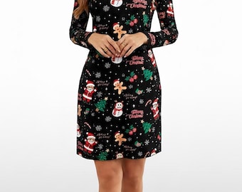 Vestido ajustado navideño para mujer, traje de fiesta de invierno de manga larga con estampado festivo