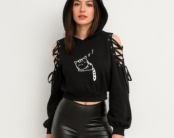 Cat Ear Hoodie for Women, Black Crop Gothic Hooded Sweatshirt, Lace Up Sleeve Top
