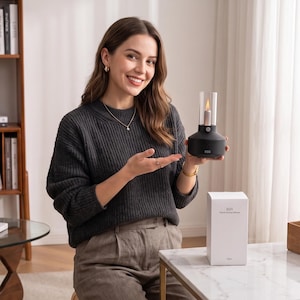 May include: A black EGS flame aroma diffuser with a clear glass cylindrical top and a simulated flame effect. The device features a circular control button on the front and is presented alongside its white rectangular packaging box labeled EGS.
