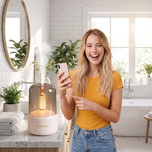 May include: A cylindrical BYWORT humidifier with a matte white base and a translucent dark gray glass dome cover. The device features an internal light source emitting a warm glow and a visible mist output from the top center of the glass dome.