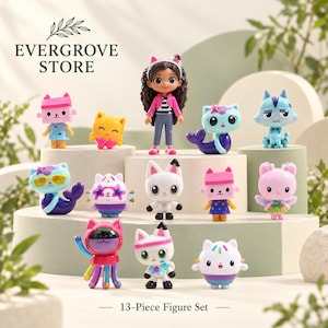 May include: A 13-piece figure set featuring a central human character with dark curly hair and cat ears, surrounded by twelve colorful cat-themed figurines including mer-cats, cupcake cats, and various stylized feline characters with text Evergrove Store.