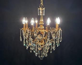 Antique Brass & Crystal Chandelier Light Fixtures : French 10 Arm Ceiling Lamp 1960's