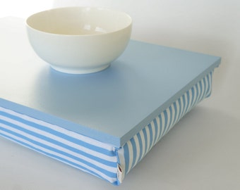 Pastel blue wooden Breakfast in Bed serving Tray, laptop stand with pillow - light blue tray with blue and white striped Pillow