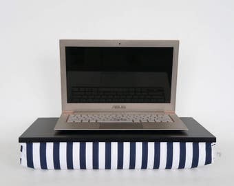 Home office Laptop portable table, Laptop stand, gift for men who have everything - black with navy and white striped Pillow