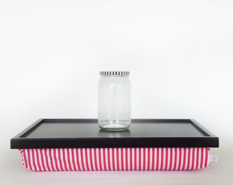 Breakfast serving pillow tray, laptop stand, riser - black with watermelon pink and white striped Pillow