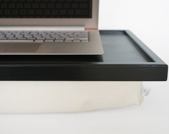 Working from home lap desk- Ivory Wood Sofa tray or Breakfast serving- black tray with natural thick wool mix pillow