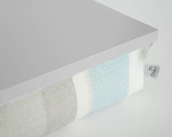 Laptop stand, pastel stripe ottoman tray- light grey tray top with grey, off white and pastel aqua blue stripe structured pillow