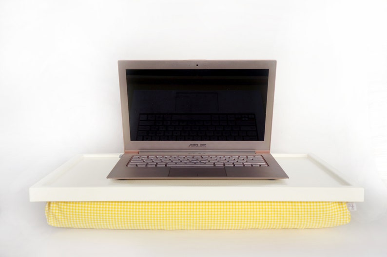 off white with yellow check elastic fabric pillow bed tray Laptop table stand