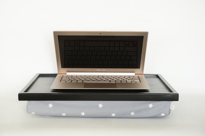 Lap tray or Laptop Lap Desk off white with star graphic pattern pillow in grey and white B -black