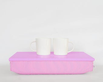 Kids room bed tray, car tray, Laptop stand- bright pink with pink and white striped pillow
