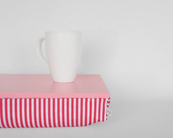 Breakfast serving pillow tray, laptop stand, riser - caramel pink tray with watermelon pink and white striped Pillow