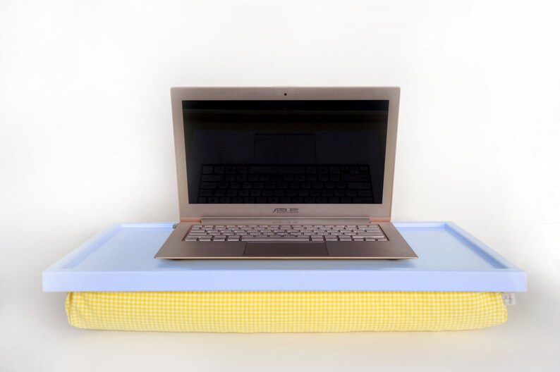 off white with yellow check elastic fabric pillow bed tray Laptop table stand