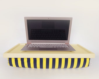 Small home office Laptop stand with pillow, lap desk- light yellow with yellow and navy stripped elastic fabric pillow