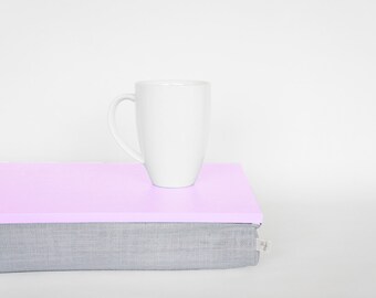 Breakfast Serving tray with support pillow- pastel pink tray with Grey linen comfy pillow