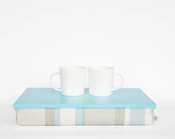 Pastel stripe pillow tray- aquamarine blue tray top with grey , off white and pastel aqua blue stripe structured pillow