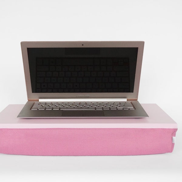 Home office Lap desk with comfortable pillow for laptop in lap- pink with natural thick wool mix pillow