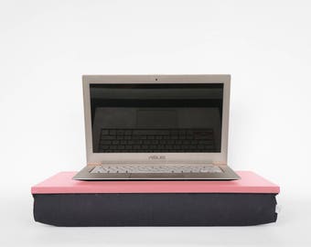 Home office desk, Laptop stand, laptop pad- caramel pink flat surface tray with Dark Grey support beandbag Pillow