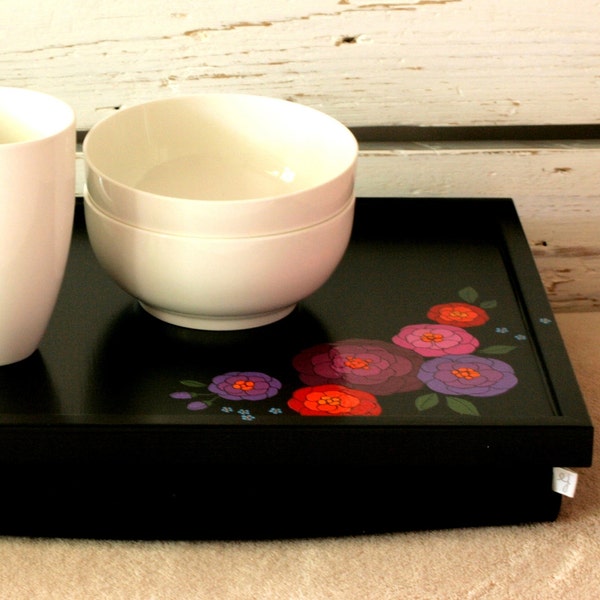 Laptop Lap Desk or Breakfast serving Tray - Hand painted on Black with Pink and Purple Flowers- Custom Order