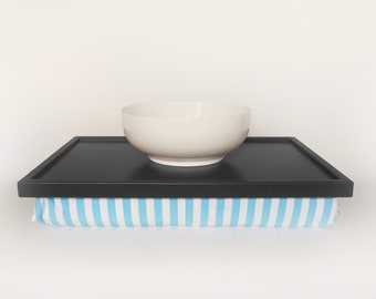 Serving tray, comfortable pc pillow desk- black tray top with aqua blue and white stripped elastic fabric pillow