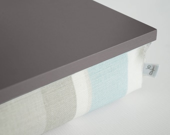 Laptop stand, pastel stripe lap desk- greyish brown tray top with grey, off white and pastel aqua blue stripe structured pillow