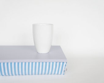 Breakfast in Bed serving Tray, laptop stand, decorative tray - light grey with blue and white striped Pillow