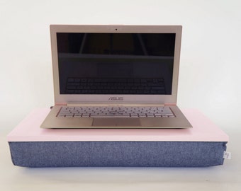 Home office lap desk, iPad stand, pillow with wooden board for work from home - pastel pink with denim Pillow