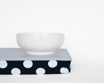 Decorative pillow tray, laptop stand- light grey tray with black and white polka dot Pillow