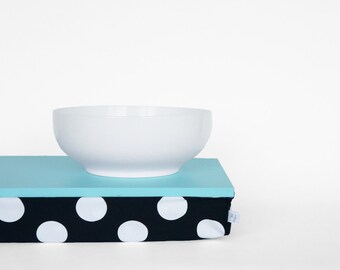 Aqua blue bed serving tray, laptop stand- light aqua blue tray with black and white polka dot Pillow