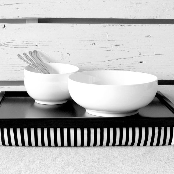 Breakfast serving tray with comfortable pillow, Laptop Lap Desk Tray- Black and White with Striped pillow