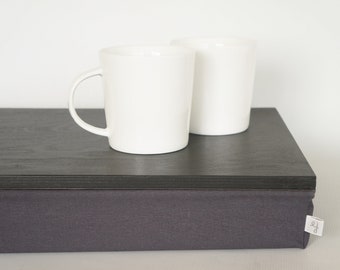 Serving tray with cozy linen pillow, Laptop Lap Desk- dark grey tray with Dark Grey linen Pillow