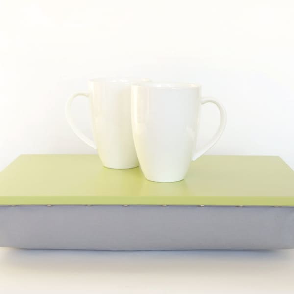 Kitchen serving tray with pillow or Laptop Lap Desk with supportive pillow - pastel green with Grey cotton pillow