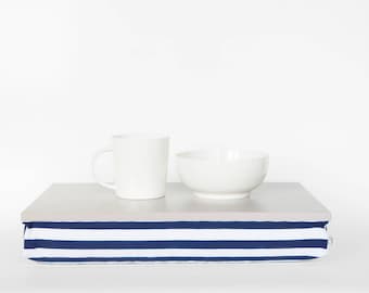 Marine inspired Serving tray with pillow, Lap desk, Laptop stand, Breakfast in Bed Tray- light grey with navy and white striped Pillow