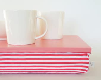 Serving tray with pillow, Stable table, stand - caramel pink tray with watermelon pink and white striped Pillow