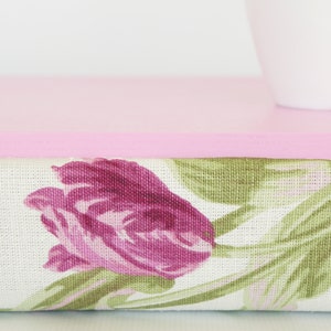 Pink floral bed tray, Laptop stand with pillow pastel pink tray, off white with purple tulip pattern pillow image 1