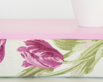 Pink floral bed tray, Laptop stand with pillow- pastel pink tray, off white with purple tulip pattern pillow