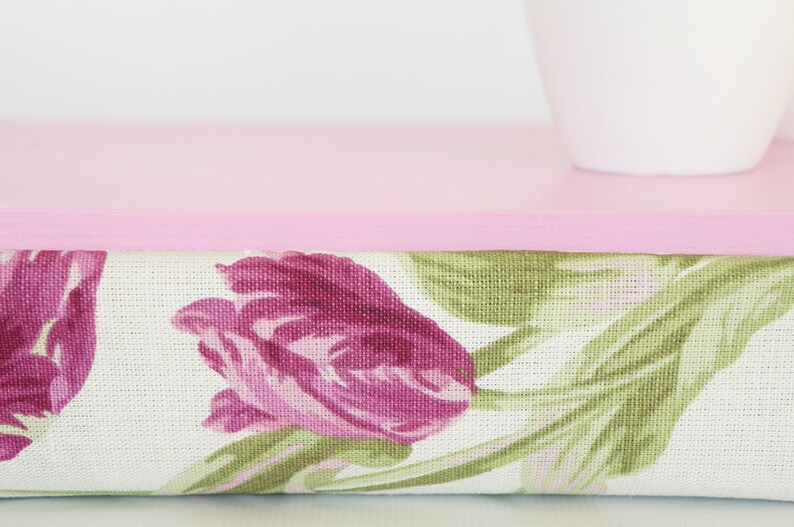 Pink floral bed tray, Laptop stand with pillow pastel pink tray, off white with purple tulip pattern pillow image 1