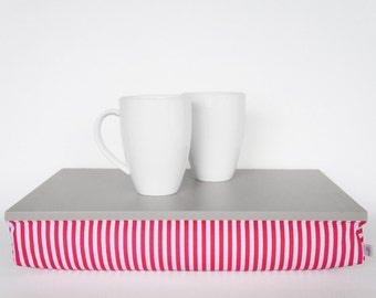 Pillow Serving tray, Stable table, laptop stand - light grey tray with watermelon pink and white striped Pillow