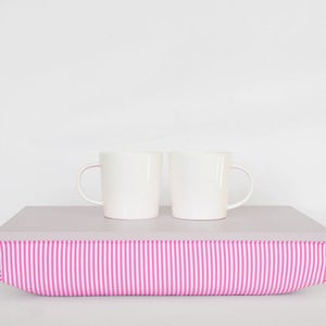 Bed tray, iPad stable table or Laptop Lap Desk light grey with pink and white striped pillow no B-light grey