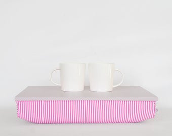 Bed tray, iPad stable table or Laptop Lap Desk - light grey with pink and white striped pillow
