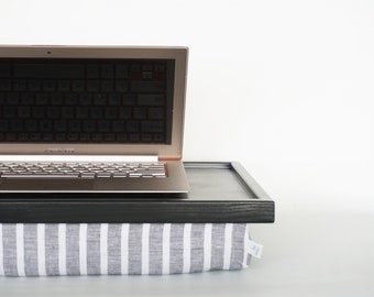 Home office Computer pad, pillow with wooden board for work from home -black tray top with grey and white stripe linen pillow