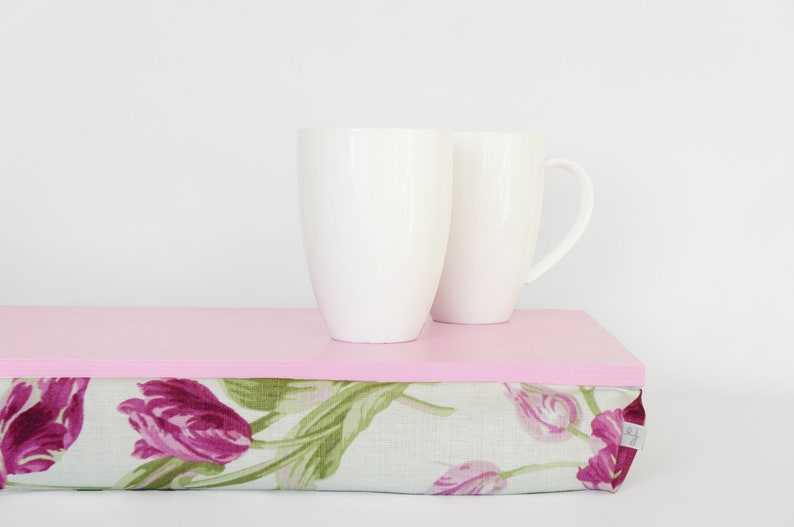 Pink floral bed tray, Laptop stand with pillow pastel pink tray, off white with purple tulip pattern pillow image 2