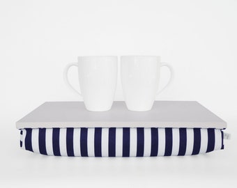 Serving tray with pillow, Lap desk, Laptop stand, Breakfast in Bed Tray - light grey with navy and white striped Pillow